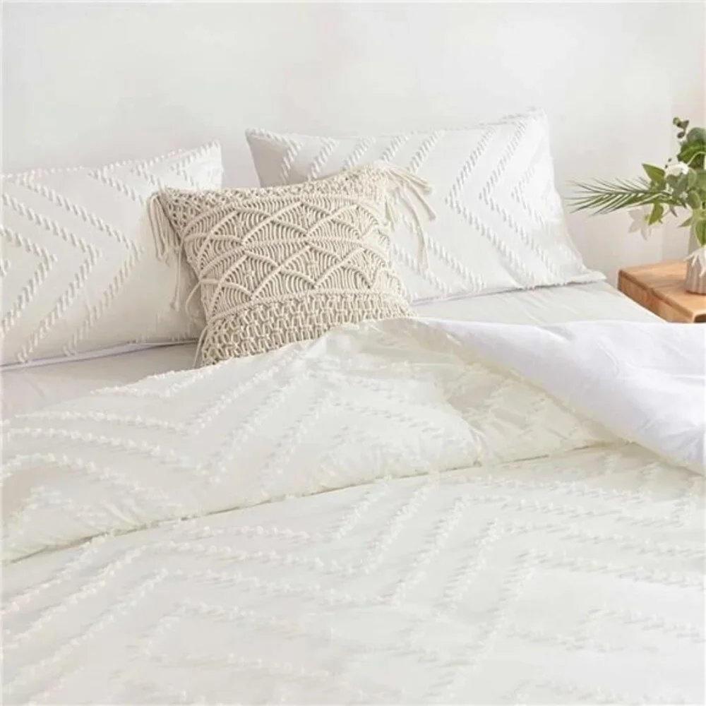 NEW Anthro White Tufted King / Queen Size Fringe Comforter Bedding Sham Case Set